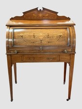 Antique Victorian Mahogany Inlaid Cylinder Roll Top Desk Writing Bureau