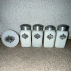 Antique Hazel Atlas Square White Milk Glass 5pc Set Shakers Drippings Kitchen