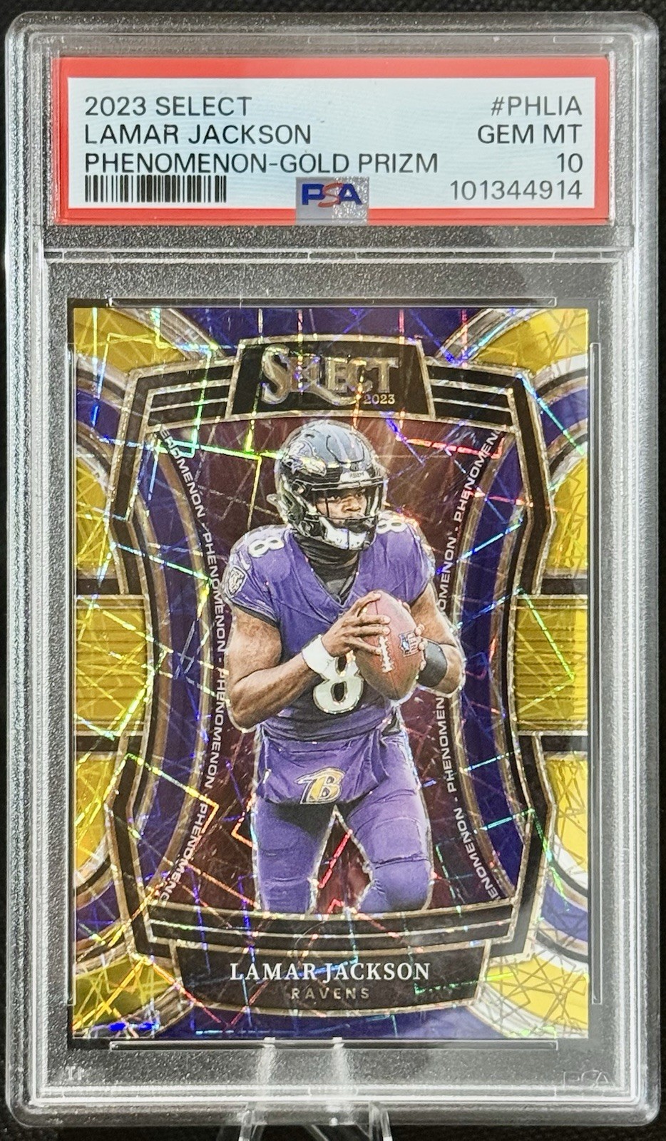 2023 Select LAMAR JACKSON Phenomenon Gold Prizm /10 PSA 10 Jersey # Match 8/10