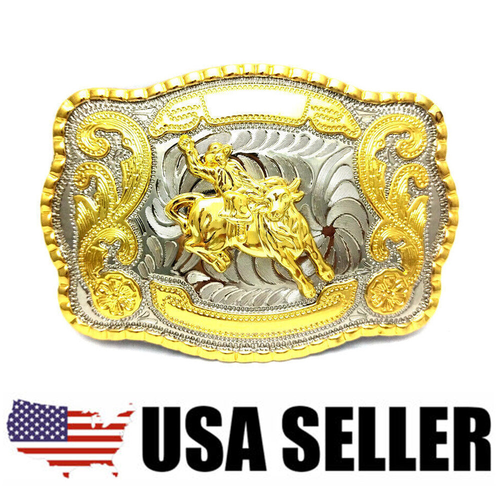 WESTERN SHINE BELT BUCKLE MEN BULL RIDE RODEO ANIMAL LONG