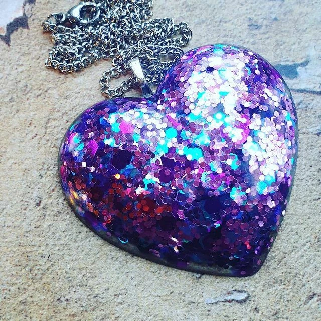 Unique AMETHYST SHIMMER HEART NECKLACE resin GORGEOUS handmade PENDANT large