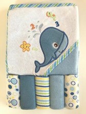 BABY INFANT BOYS BATH HOODED TOWEL w WASHCLOTHS, 6 PC SET - White Blue Whale NEW