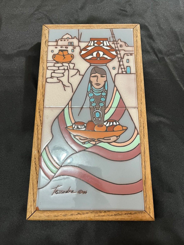 Vintage Cleo Teissedre Hand-Painted Ceramic Tile Wall Art woman, vase