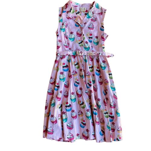 Lindy Bop 10 Retro Novelty Cupcake Print Dress 50's Pin Up Pockets Belted Pink - Bild 1 von 14