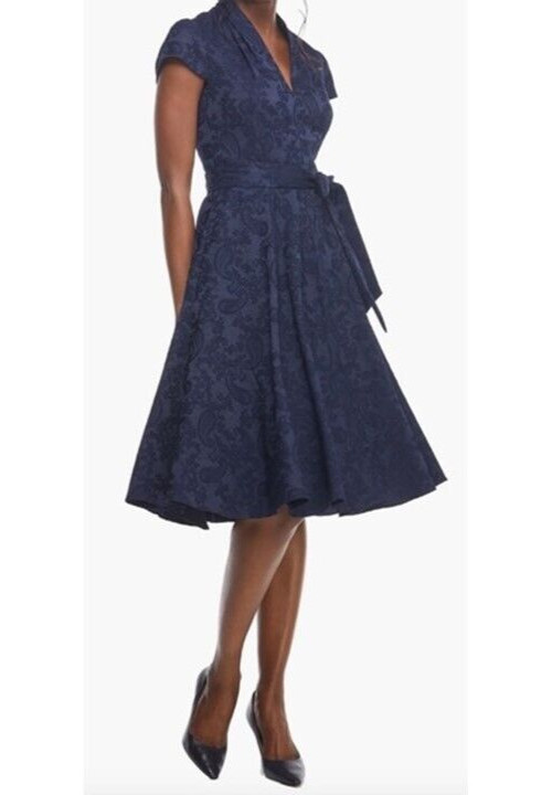 Gal Meets Glam Navy Blue GLORIA Paisley Jacquard Fit & Flare Midi Dress Size 12