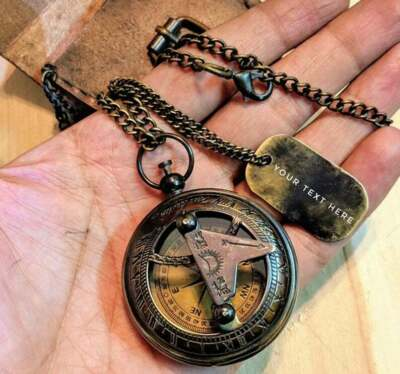 #ad Brass Compass Necklace personalized sundial compass working With Lather case $84.95
