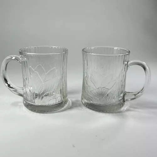 Vintage Arcoroc Floral Crocus Embossed Glass Canterbury 10oz Mugs Matching Pair