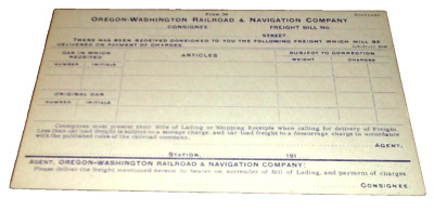 1910 OREGON-WASHINGTON RAILROAD & NAVIGATION COMPANY FREIGHT SHIPMENT POST CARD