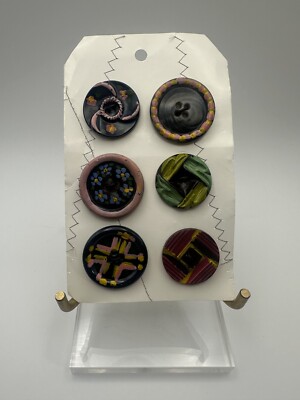 Vintage Hand Painted Unique Plastic Buttons Carded ~ 1 1/8 inch, 28MM