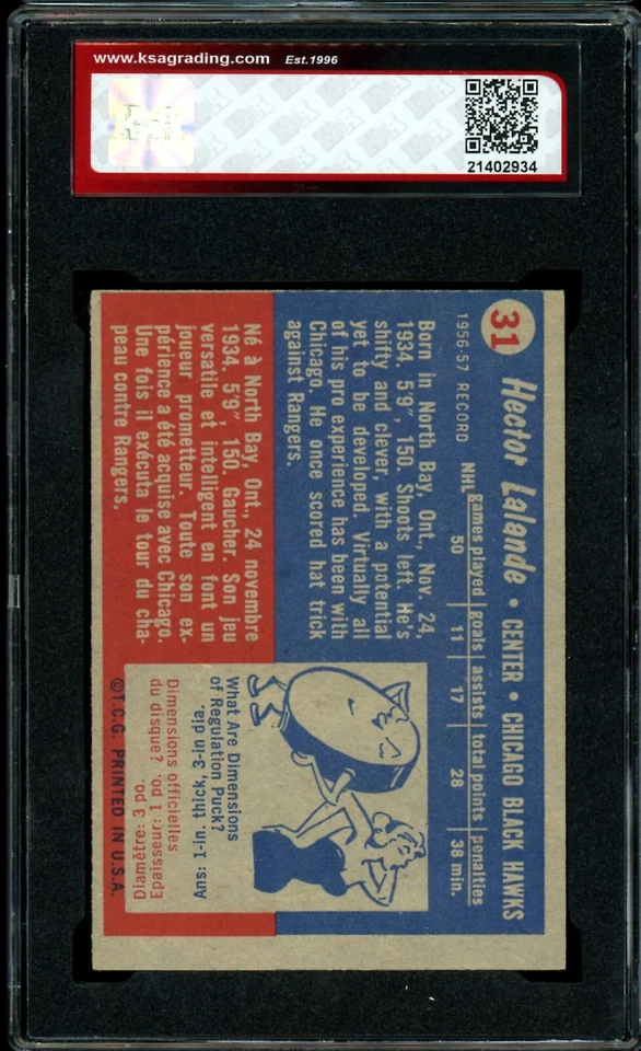 1957-58 TOPPS NHL HOCKEY #31 Hec Lalande Rookie KSA 7 NM Chicago Black Hawks RC - Image 2 of 2