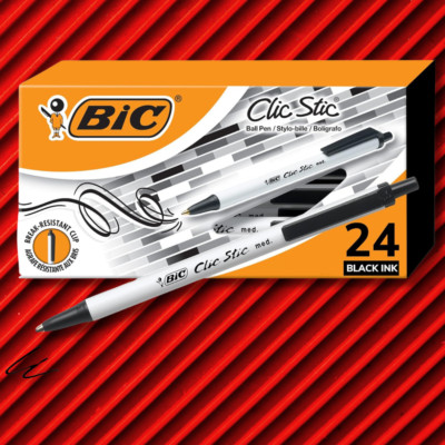 BIC Clic Stic Black Ballpoint Pens, Medium Point (1.0mm), 24-Count