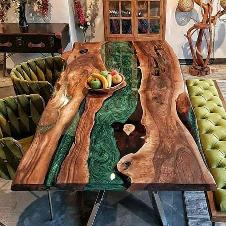 4'x2' Custom Live Edge Epoxy Green Resin Wooden River Style Dining