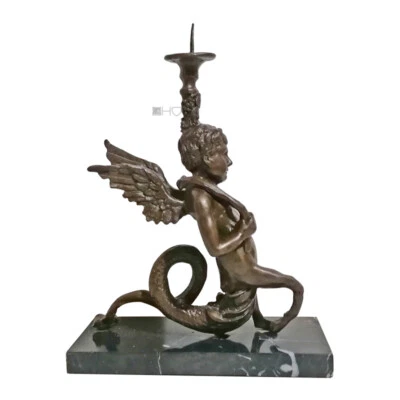 Bougeoir En Bronze Ange Avec Des Ailes Figurine Antique - Photo 1/2