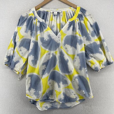 DIANE VON FURSTENBERG Top 4 Keoni Split V-Neck Tie Dye Blouse Cotton Blue