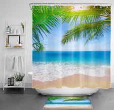 Tropical Green Palm Leaf Beach Ocean Shower Curtain Bathroom Accessories Set