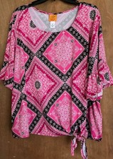 Ruby Rd. Woman Short Sleeve Blouse 3X Pink/ Black/ White Knotted At Bottom