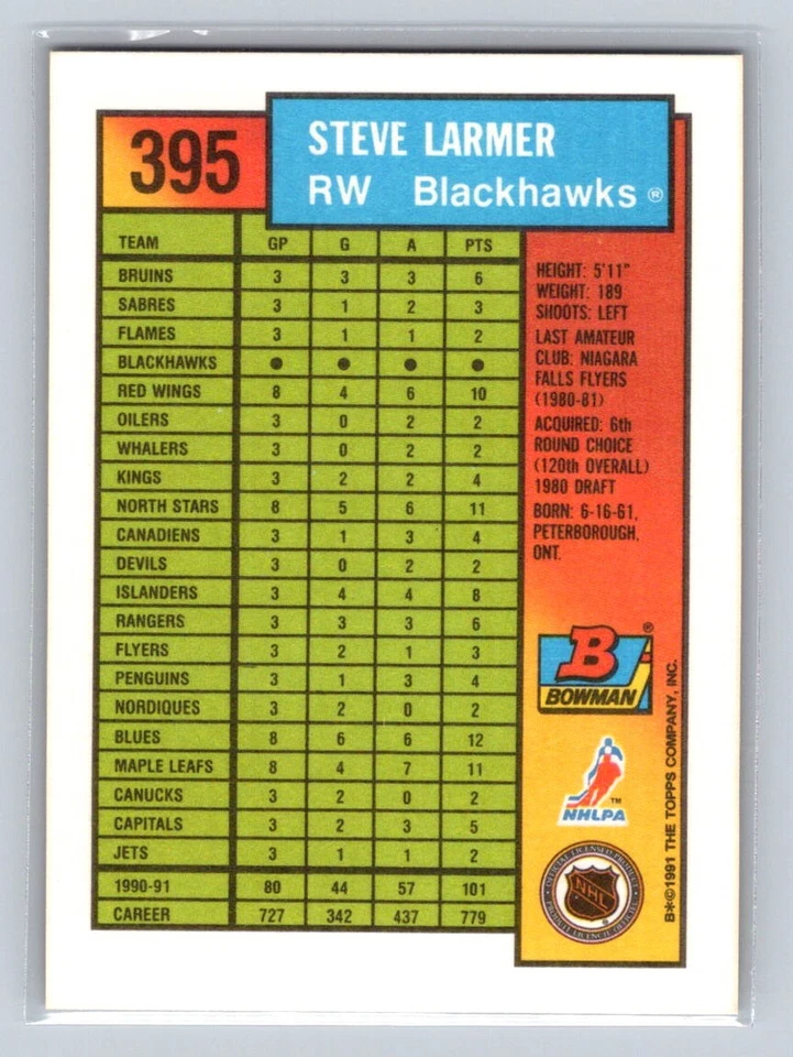 1991-92 Bowman #395 Steve Larmer Chicago Blackhawks - Image 2 of 2