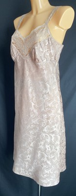 M&S Vintage Full Slip Petticoat, Brown Slippery Glossy Liquid Satin & Lace UK 12