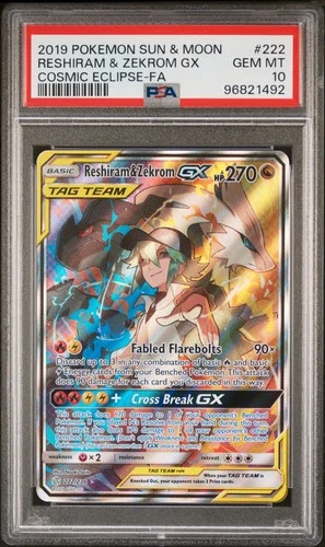 2019 POKEMON SUN & MOON COSMIC ECLIPSE #222 FULL ART/RESHIRAM & ZEKROM GX PSA 10