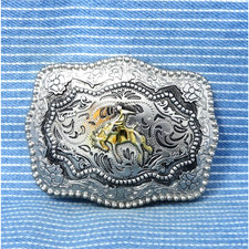 Western Bronc Rider Dress Belt Buckle Floral Scroll Rodeo Cowboy Vtg 90s .CPA575