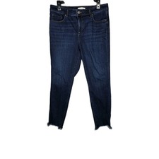 Loft Womens Curvy Skinny Jeans 30/10 Dark Blue Raw Frayed Ankle Hem Stretch Mid