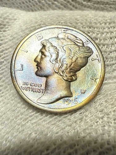 1916 Mercury Silver Dime Lustrous AU+ High Grade Toned