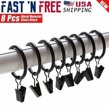 8 Pcs 1.5" inch Metal Curtain Rings with Clips Gloss Black Strong Clip Rustproof
