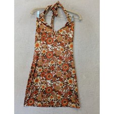 SHEIN Women's Size S Retro 70s Floral Halter Mini Dress Orange Brown Boho