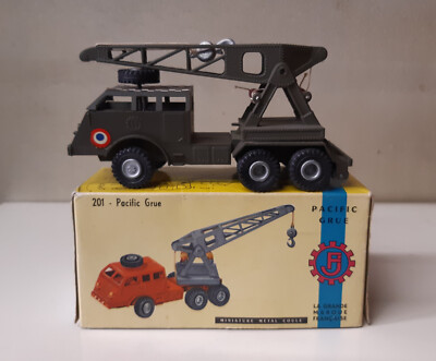 Ancien Camion-grue Militaire Pacific FRANCE-JOUET échelle 1/43 – Métal Kaki, Boîte D’origine Année 1960