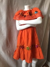 Girls Mexican Embroidered Orange Floral Dress Ruffled Lace Trim Party Fiesta
