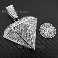 HIP HOP ICED BLING WHITE GOLD PLATED LARGE DIAMOND SHAPE BUST DOWN CHARM PENDANT