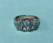 Genuine Three Oval Light Blue Topaz Ring w/ 4 White Daimonds 14K White Gold
