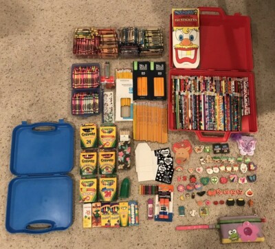 Huge Lot Crayola Crayons Color Pencils Erasers Glue Sticks Carry Cases x2 Pouch