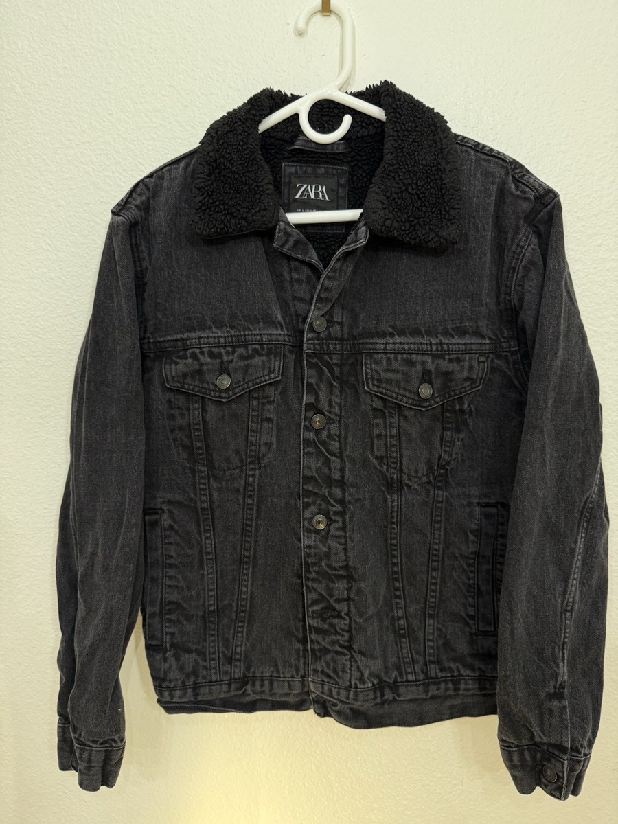 ZARA Men's Black Fur Lined Denim Jacket Size L Sherpa Trucker Coat