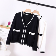 Women's Fashion Color Blocking Knitted Cardigan V-Neck Simple Jacket Top