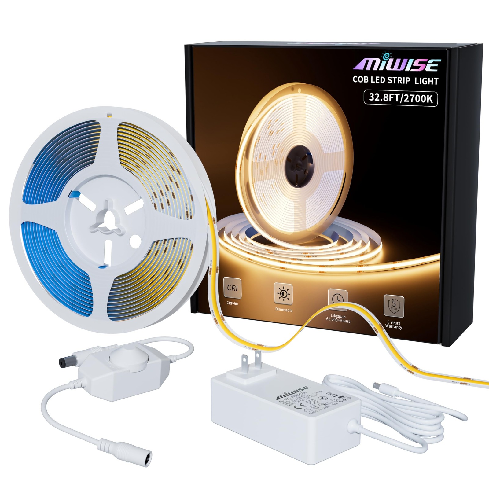 MIWISE COB LED Strip Light 32.8ft/10m,CRI 90+ Warm White 2700K High Lumen Dim...