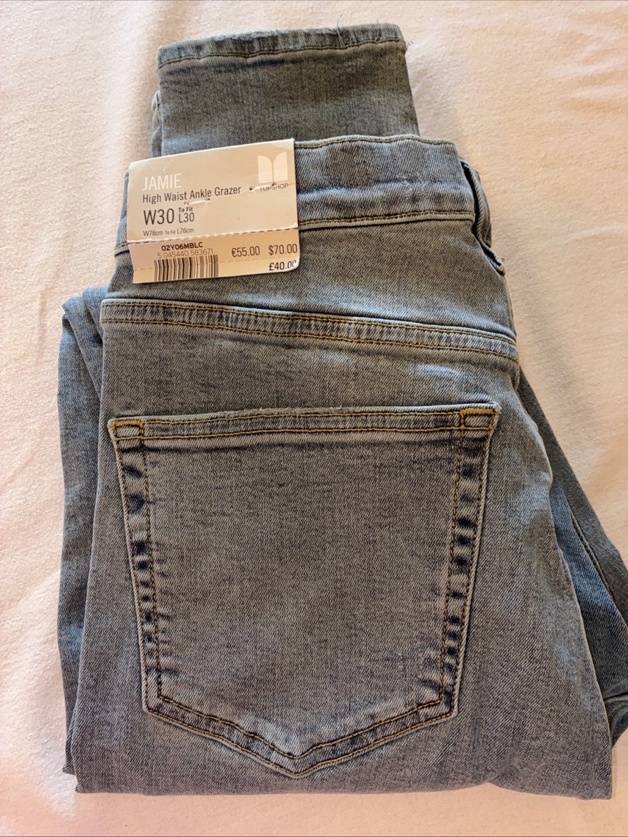 Topshop Jamie High Waist Ankle Grazer Jeans Blue, W30 L30 UK
