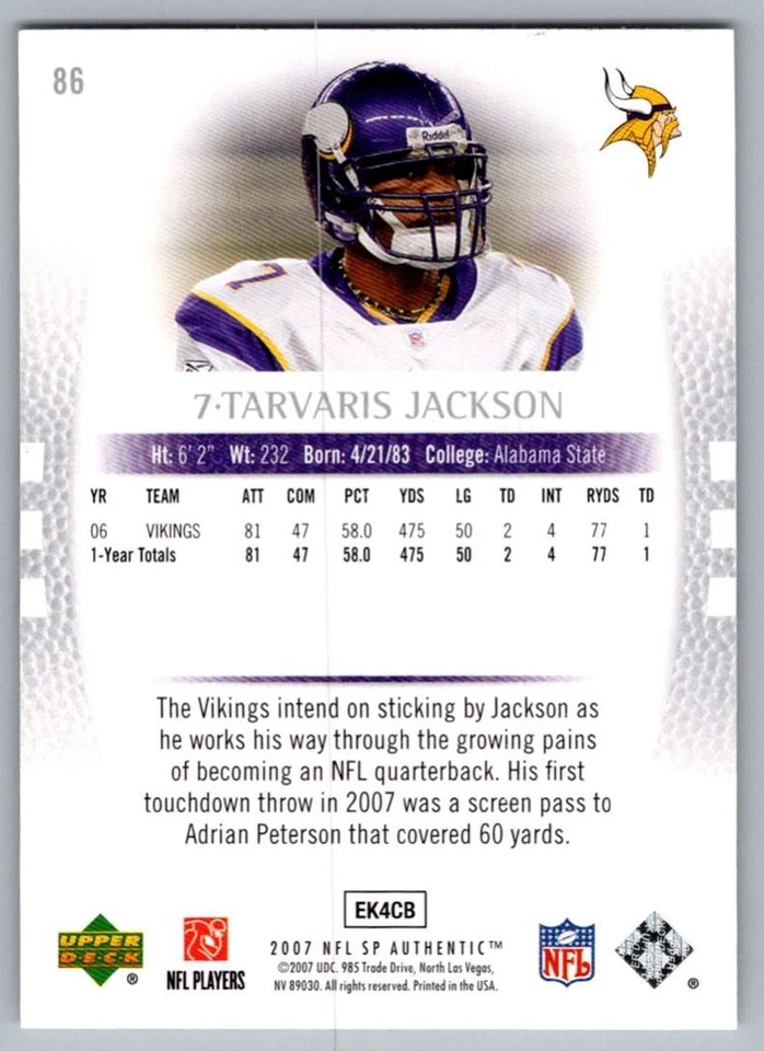 2007 SP Authentic Tarvaris Jackson Minnesota Vikings #86 - Image 2 of 2