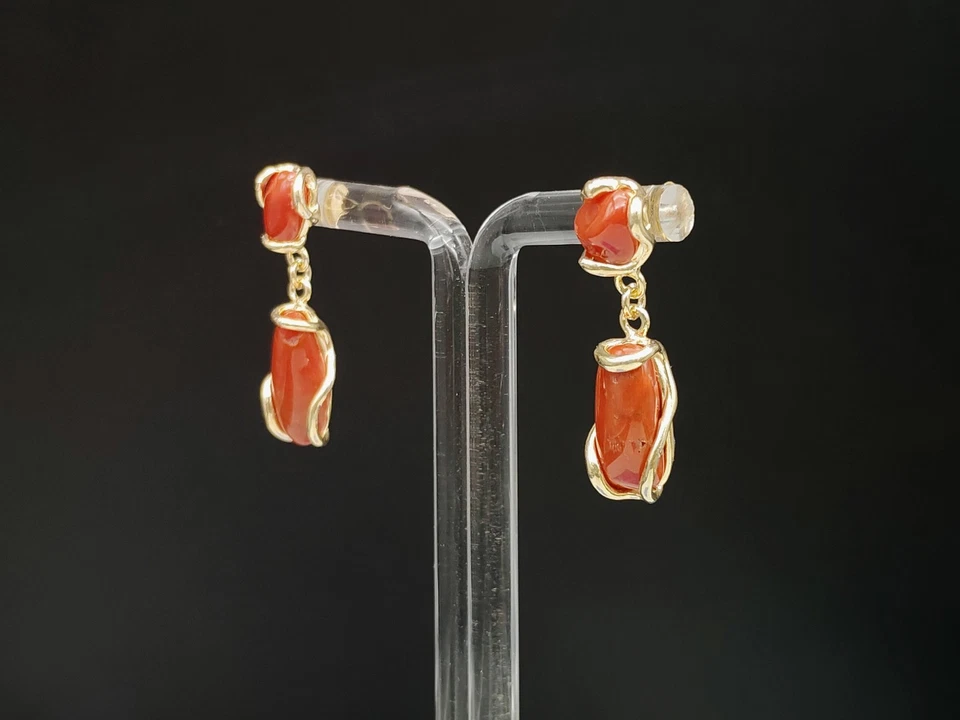 Orecchini donna vero corallo rosso di Sardegna argento 925 oro pendenti - Immagine 2 di 4