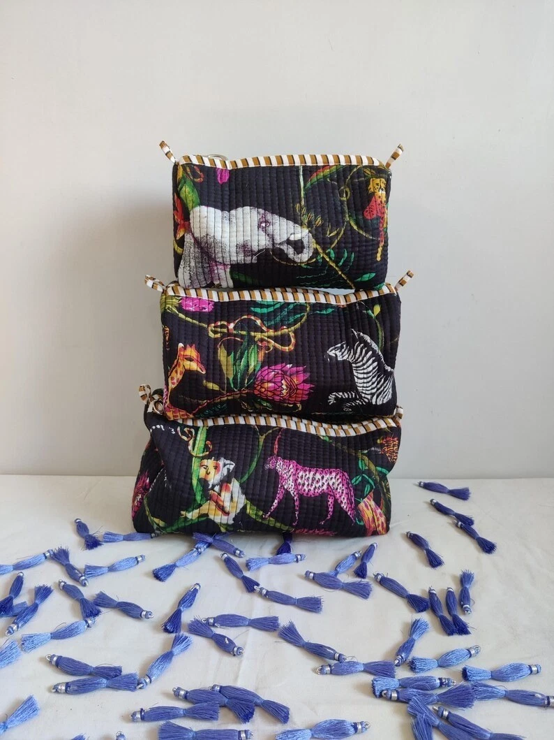 Indian Tiger Print Cotton Quilted Toiletry Purse Cosmetic Storage Bag Of 3 Pc US