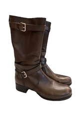 Prada Brown Leather Riding Boots Straps And Buckles 12  Tall Shaft 41 USA 11