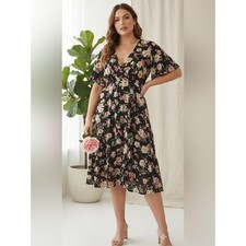 TORRID Black Floral V-Neck Midi Dress with Tie Waist Plus Size 12