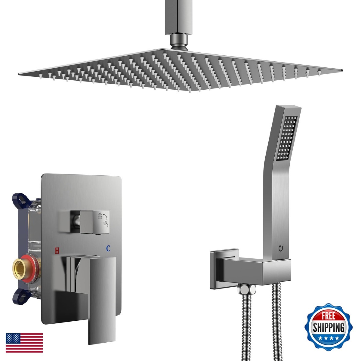 FORIOUS FB01010 Rain Shower Head System 12" Ceiling Mount Brushed Nickel