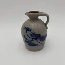 Vintage 1980's Rowe Pottery 5.5” Pitcher Jug Salt Glazed Bird Cobalt