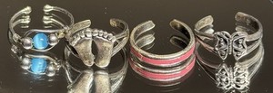 925 Sterling Toe Ring Lot, Baby Feet, Butterfly, Cats Eye, Pink Enamel- 4 Pieces