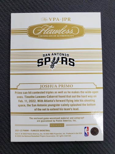 2021-22 FLAWLESS JOSHUA PRIMO ROOKIE RC VERTICAL PATCH AUTOGRAPHS RUBY /15 - Bild 2 von 2