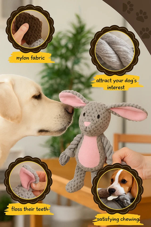 Dog Toy - Plush Crocheted Bunny Toy with Rope Limbs 24*10*6cm - Image 3 of 3