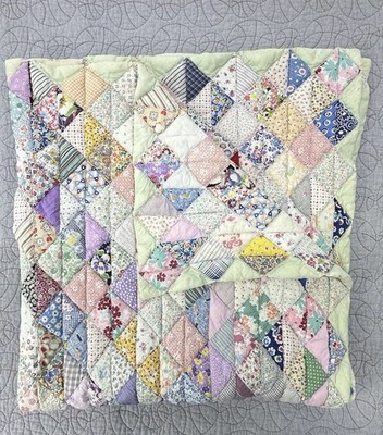 Vintage Handmade Patchwork Quilt Floral Feedsack Style Diamond Scrap Pastel