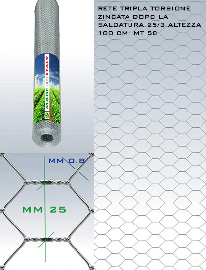 RETE METALLICA ZINCATA 25/3 H.100 CM PER GABBIE POLLI PECORE MAGLIA ESAGONALE