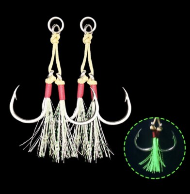 Glow In The Dark Twin Assist Hooks Jig Hook Saltwater Fishing Hook 4/0 Set Of 2
